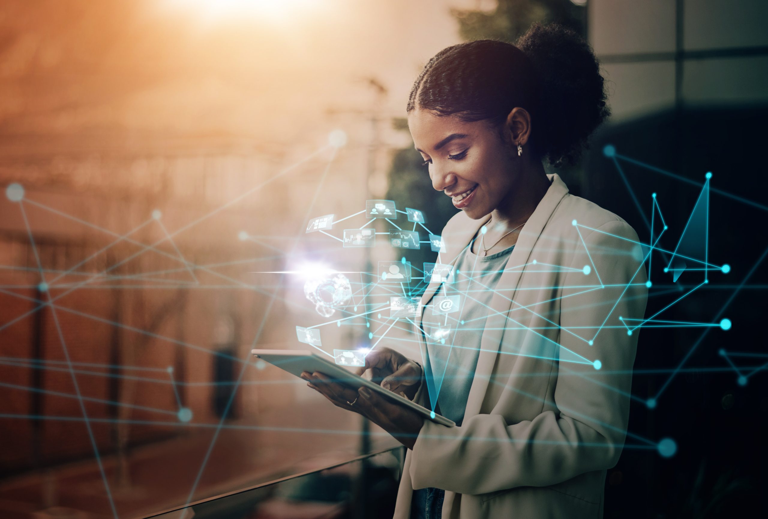 Futuristic, social network app or woman with tablet hologram of world user data or global analytics. Mobile tech ux, ui or business black woman with web internet, social media and future digital info.